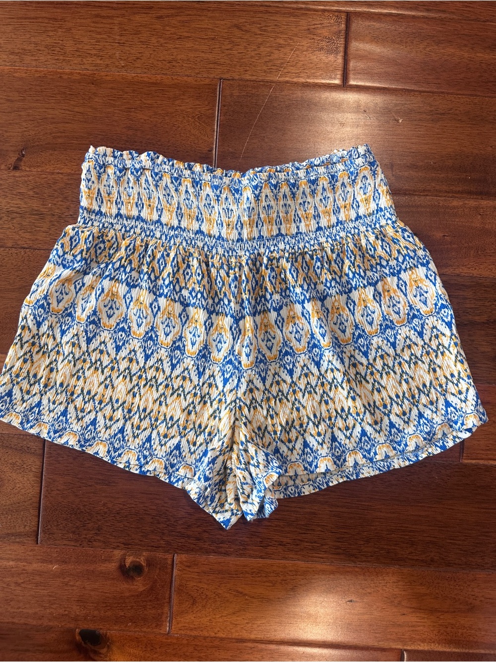 High-Waist Smocked Printed Women's Shorts in Blue and Yellow